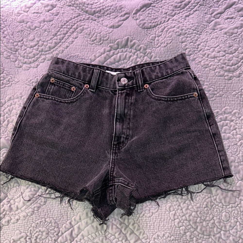 Topshop Black Jean Shorts High-Waisted Frayed Hem